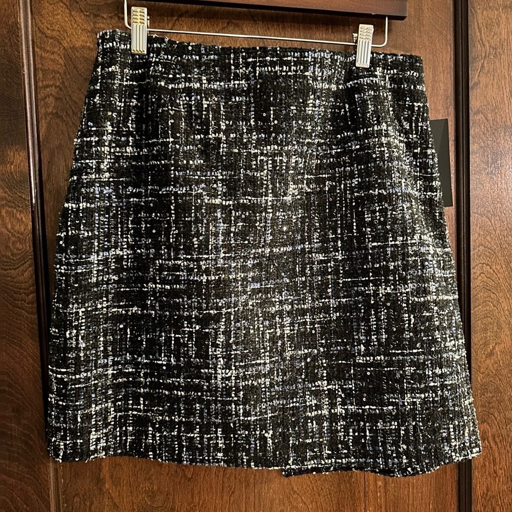 Bagatelle Skirt Medium Black Blue Tweed Mini Wrap Metallic Retro Glam Twee Royal